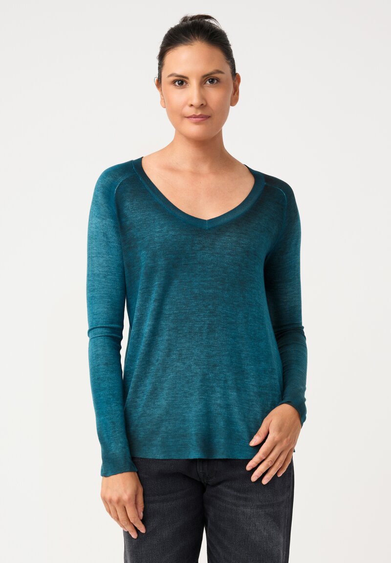 Avant Toi Ribbed V-Neck Costina Top in Nero & Laguna Blue