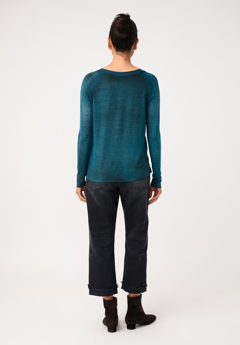 Avant Toi Ribbed V-Neck Costina Top in Nero & Laguna Blue