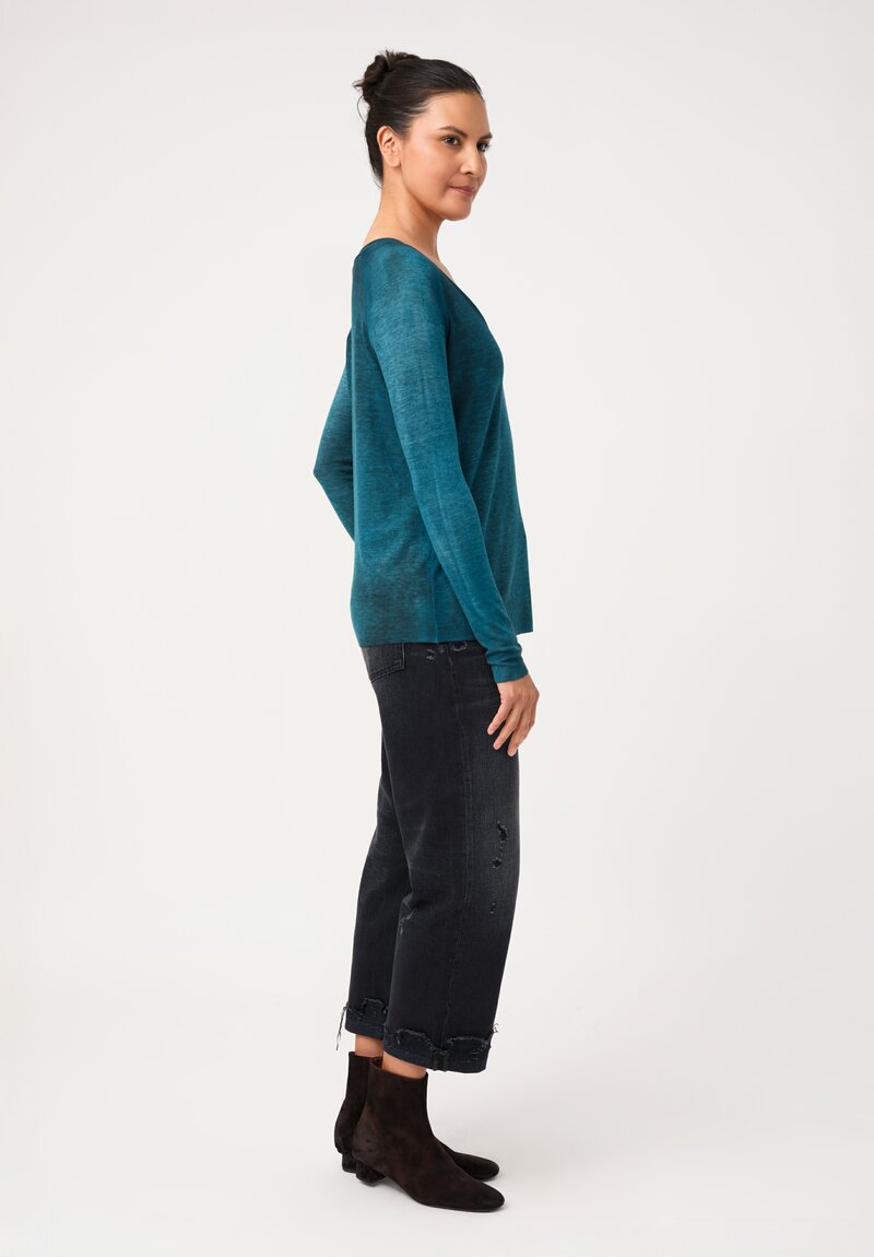 Avant Toi Ribbed V-Neck Costina Top in Nero & Laguna Blue