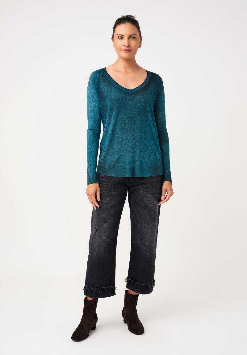 Avant Toi Ribbed V-Neck Costina Top in Nero & Laguna Blue