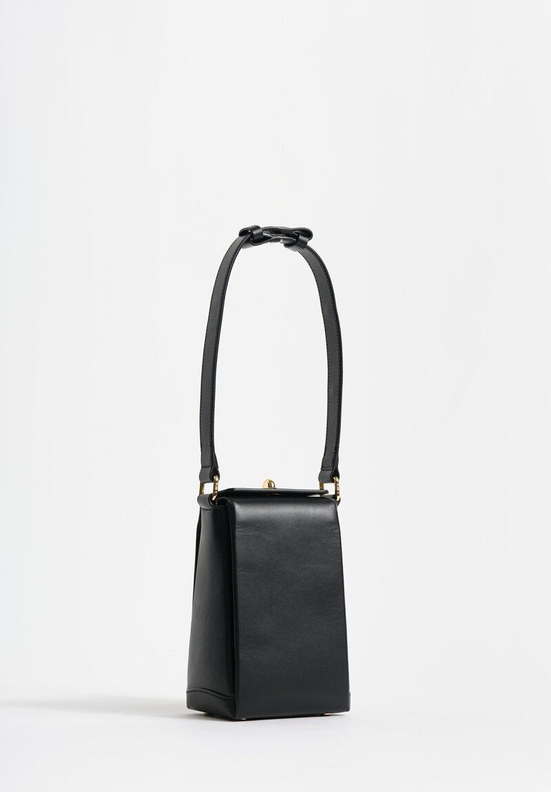 Plan C Vitello Calf Leather & Brass Tall Grace Hand Bag in Obsidian Black