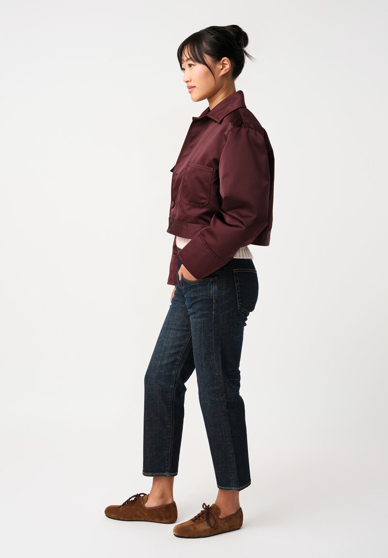 Plan C Duchesse Satin Button-Down Cropped Jacket in Burgundy Red