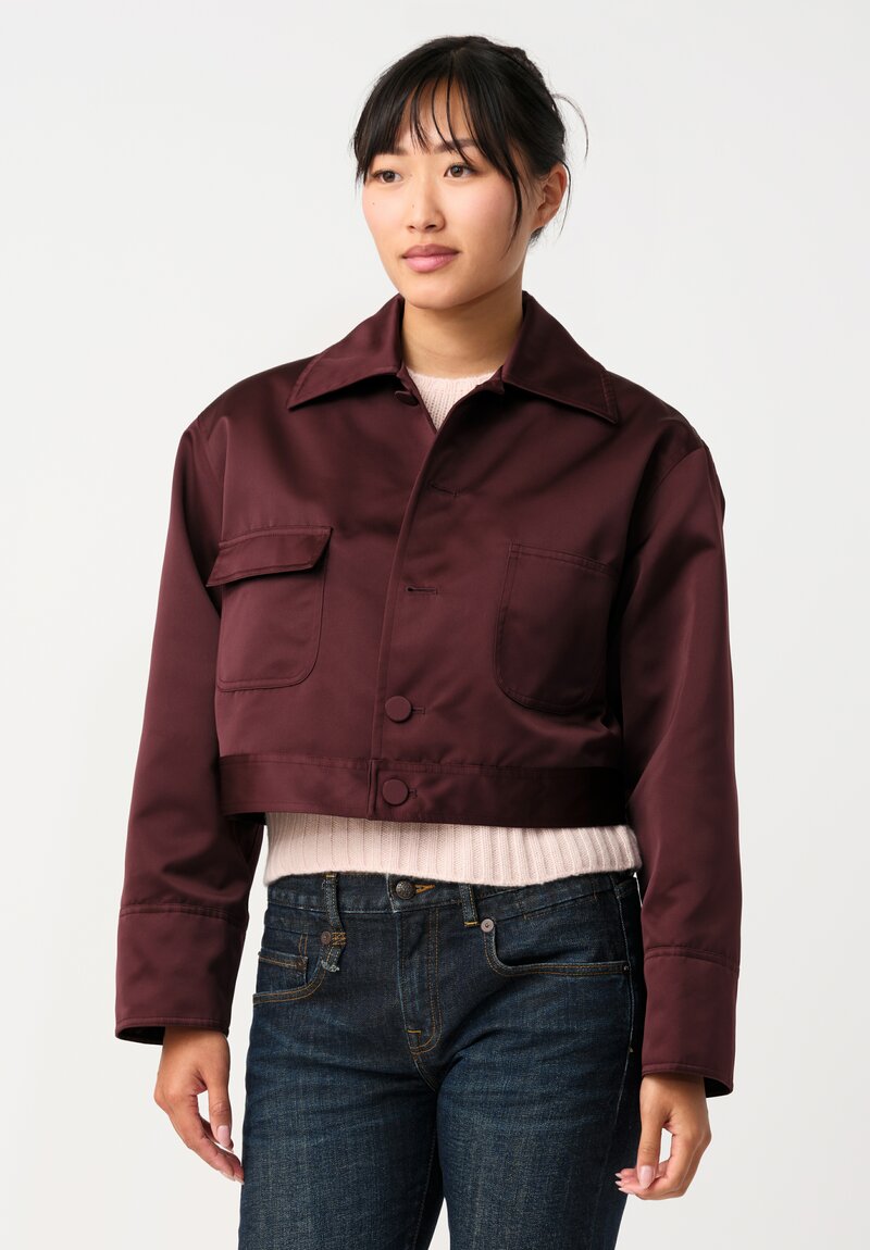 Plan C Duchesse Satin Button-Down Cropped Jacket in Burgundy Red