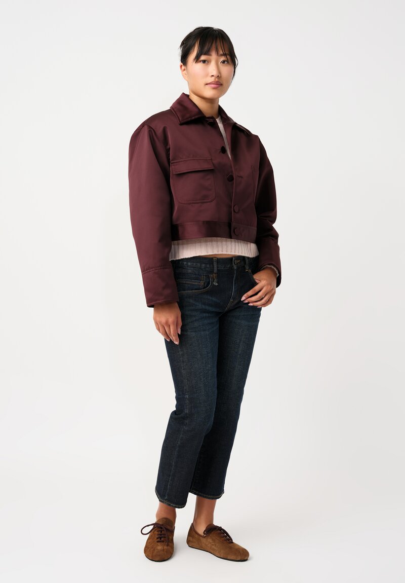 Plan C Duchesse Satin Button-Down Cropped Jacket in Burgundy Red