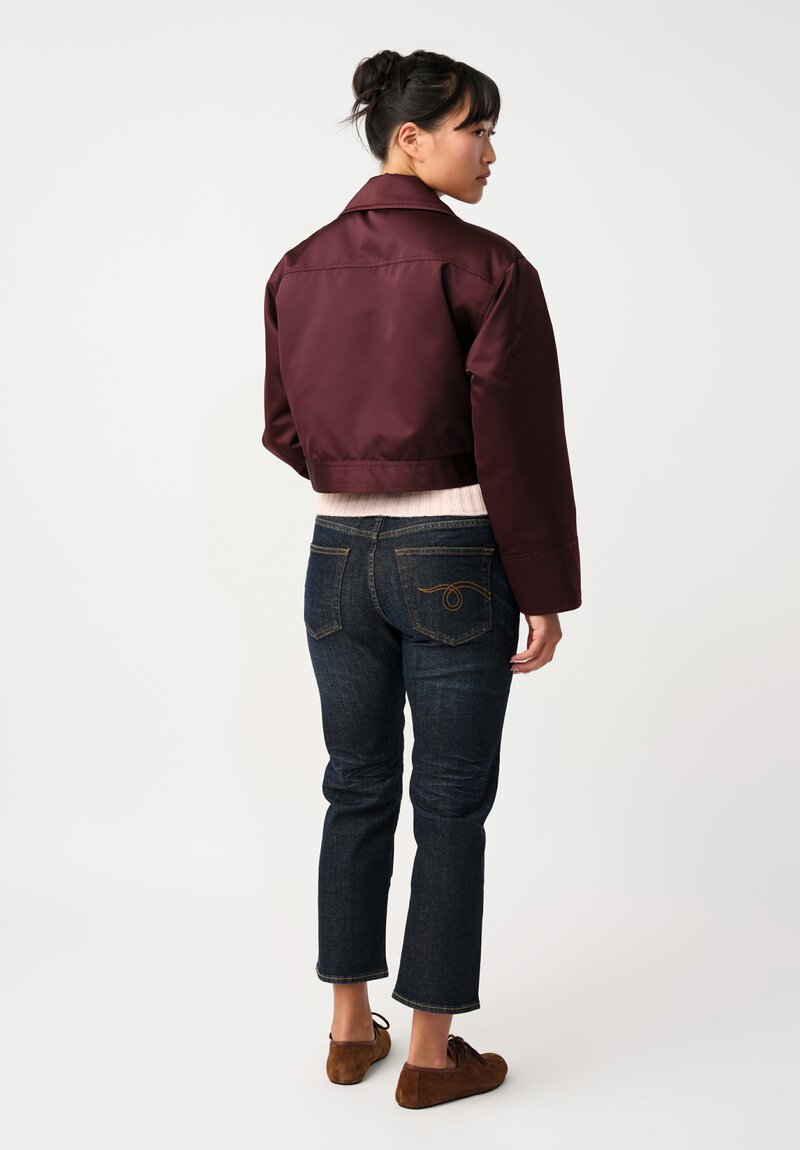 Plan C Duchesse Satin Button-Down Cropped Jacket in Burgundy Red