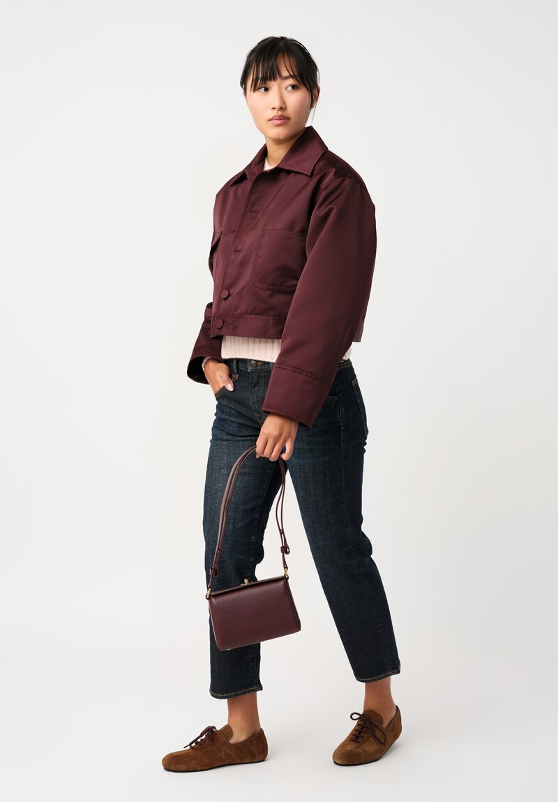 Plan C Duchesse Satin Button-Down Cropped Jacket in Burgundy Red