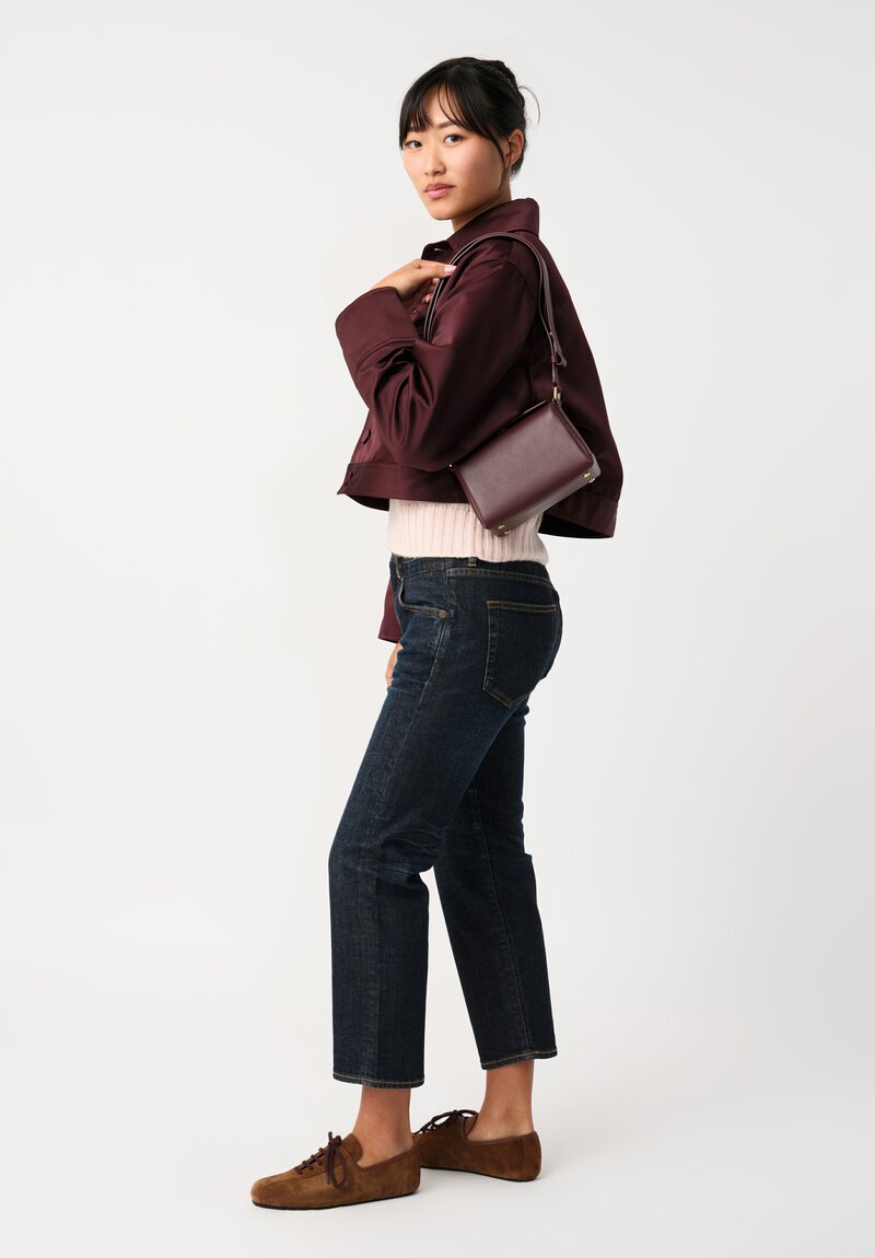 Plan C Duchesse Satin Button-Down Cropped Jacket in Burgundy Red