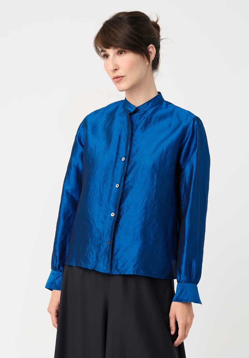 Christian Peau Silk Button-Down Top in Ocean Blue