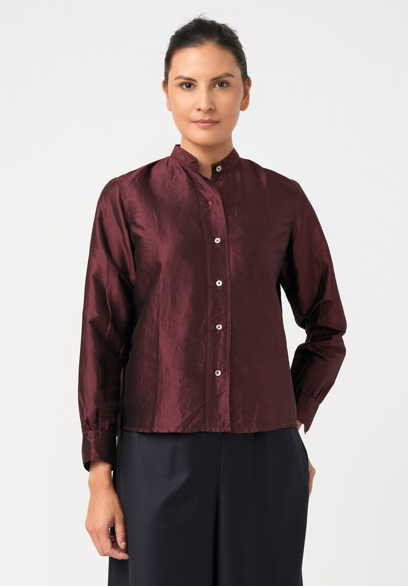 Christian Peau Silk Button-Down Top in Plum Red