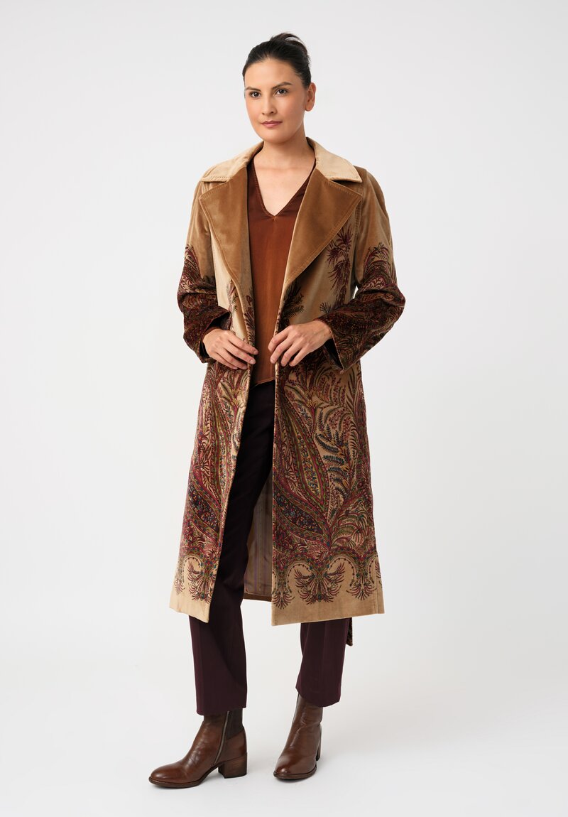 Etro Cotton Velvet Trench Coat in Natural Camel Brown & Paisley