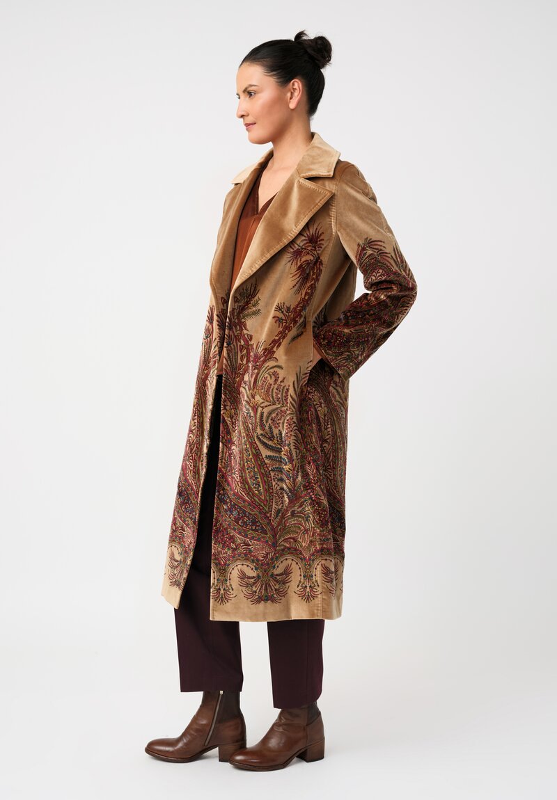 Etro Cotton Velvet Trench Coat in Natural Camel Brown & Paisley