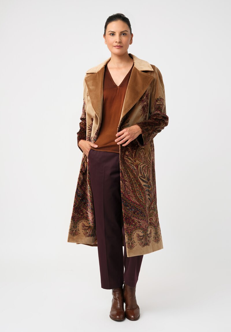 Etro Cotton Velvet Trench Coat in Natural Camel Brown & Paisley