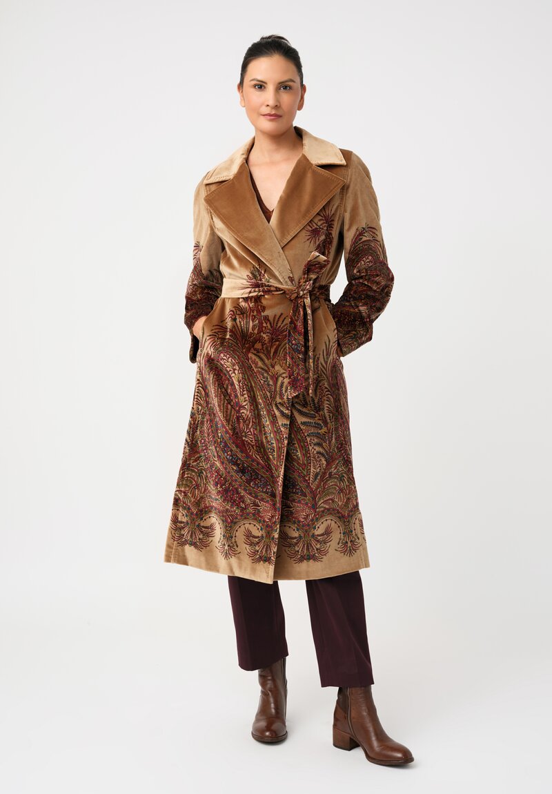 Etro Cotton Velvet Trench Coat in Natural Camel Brown & Paisley