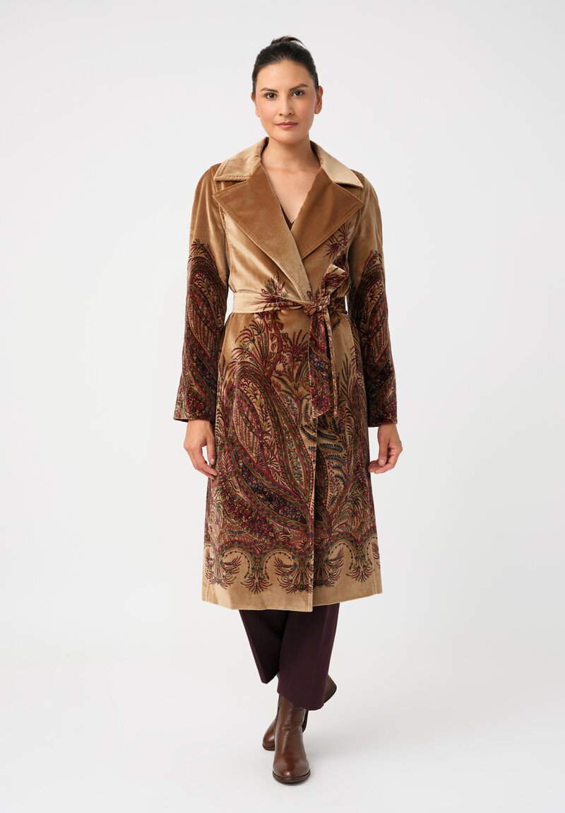 Etro Cotton Velvet Trench Coat in Natural Camel Brown & Paisley