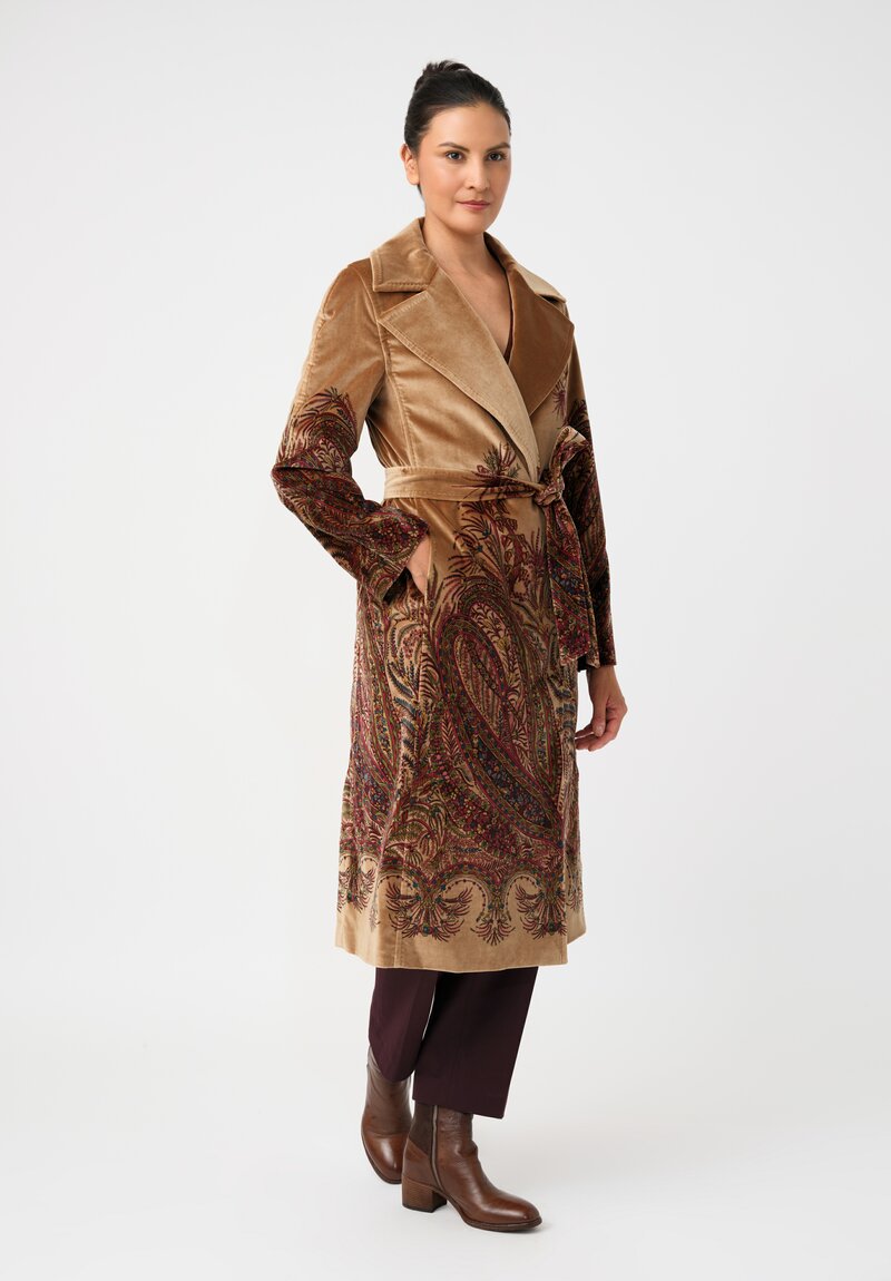 Etro Cotton Velvet Trench Coat in Natural Camel Brown & Paisley