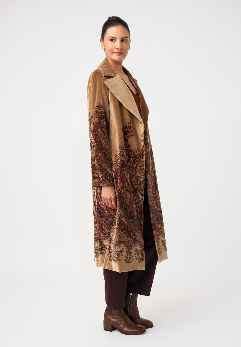 Etro Cotton Velvet Trench Coat in Natural Camel Brown & Paisley