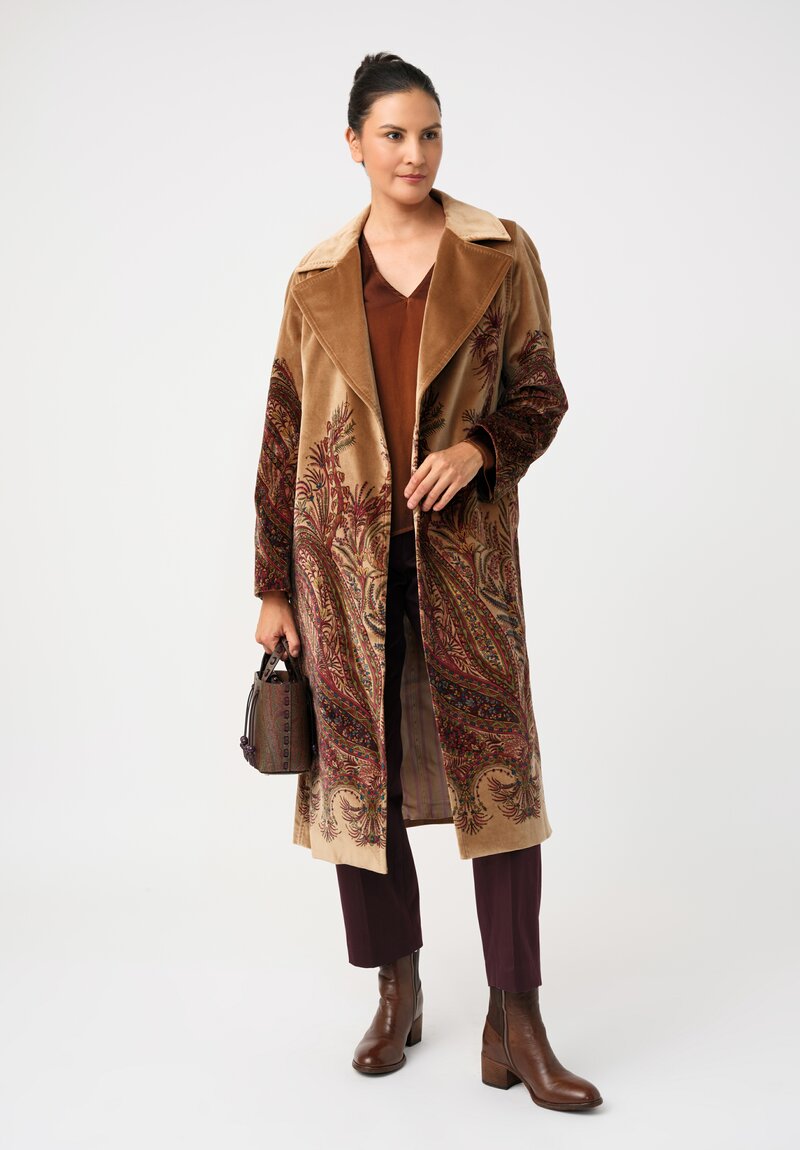 Etro Cotton Velvet Trench Coat in Natural Camel Brown & Paisley