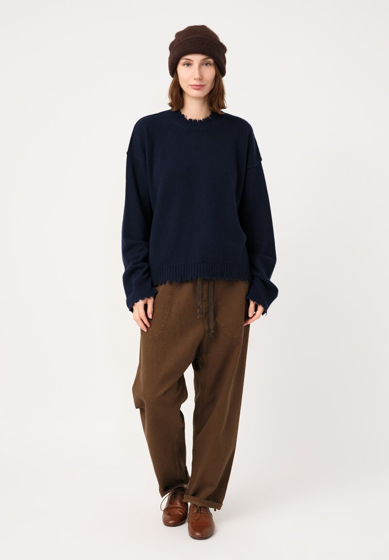 Uma Wang Cashmere Distressed Knit Crew Neck Sweater in Deep Marine Blue