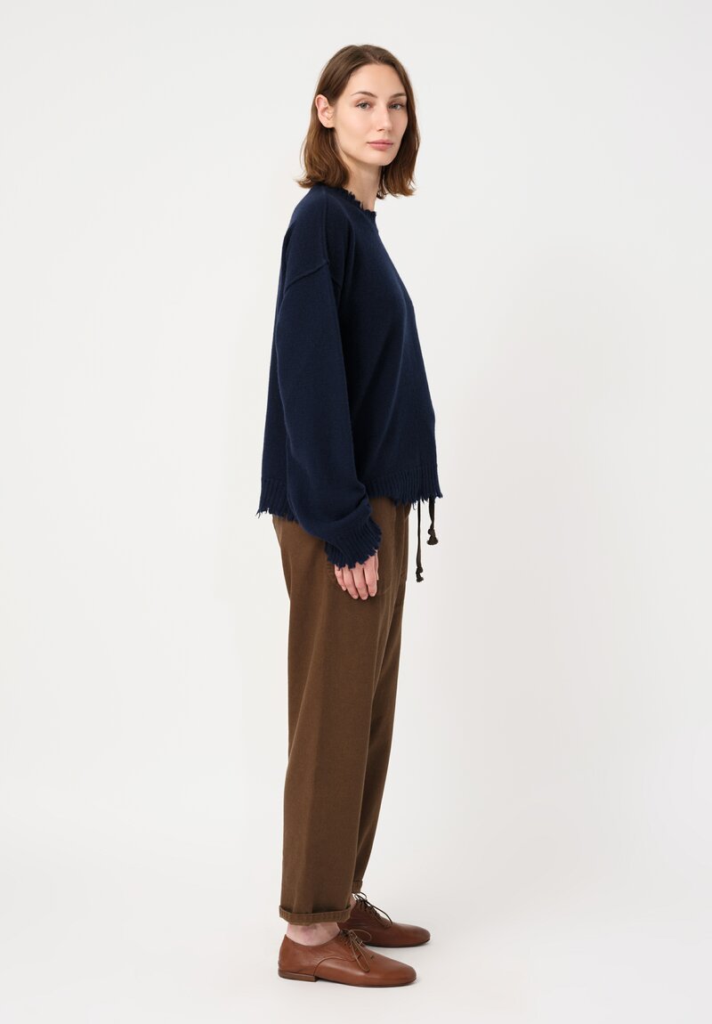 Uma Wang Cashmere Distressed Knit Crew Neck Sweater in Deep Marine Blue