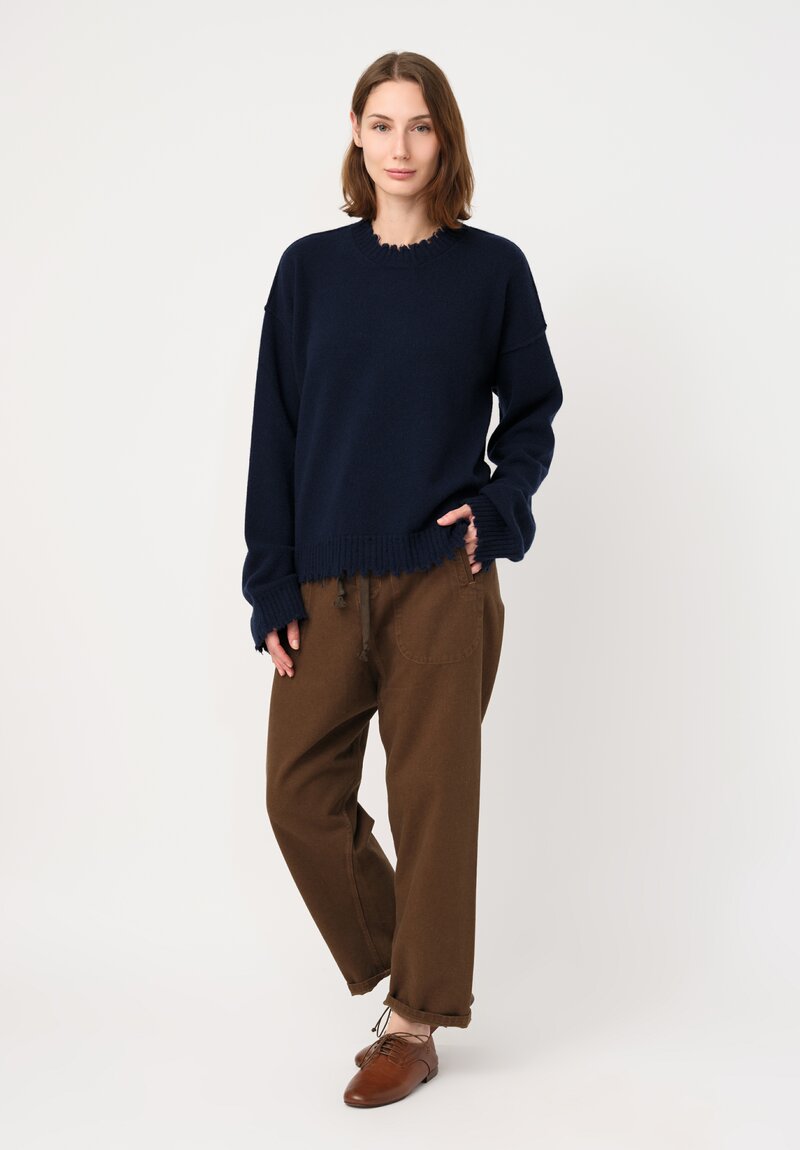 Uma Wang Cashmere Distressed Knit Crew Neck Sweater in Deep Marine Blue