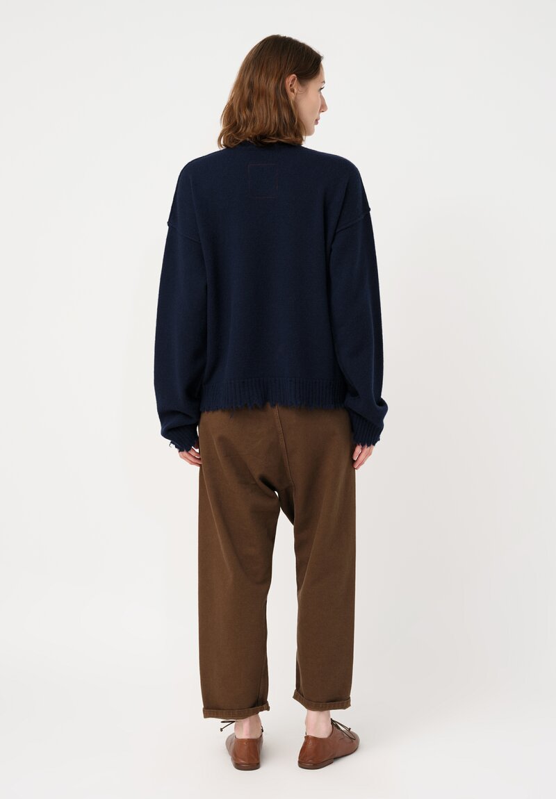 Uma Wang Cashmere Distressed Knit Crew Neck Sweater in Deep Marine Blue