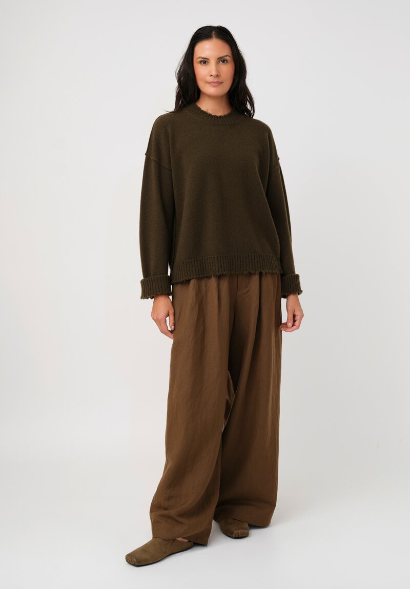Uma Wang Cashmere Distressed Knit Crew Neck Sweater in Olive Green