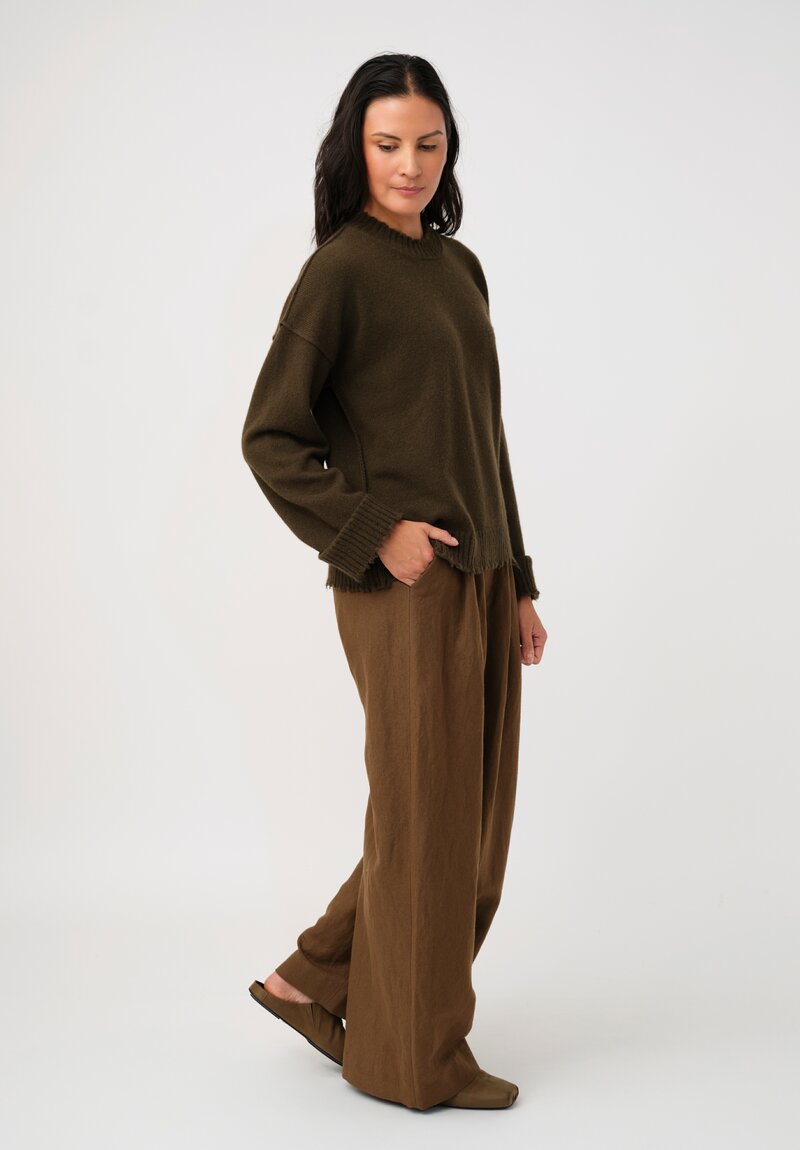 Uma Wang Cashmere Distressed Knit Crew Neck Sweater in Olive Green