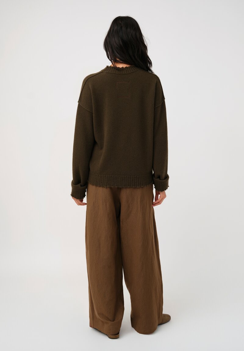 Uma Wang Cashmere Distressed Knit Crew Neck Sweater in Olive Green