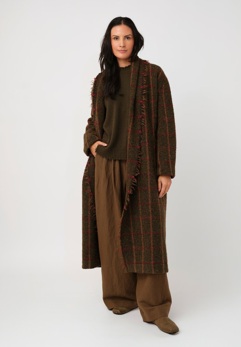 Uma Wang Cashmere Distressed Knit Crew Neck Sweater in Olive Green