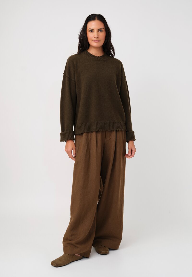 Uma Wang Cashmere Distressed Knit Crew Neck Sweater in Olive Green