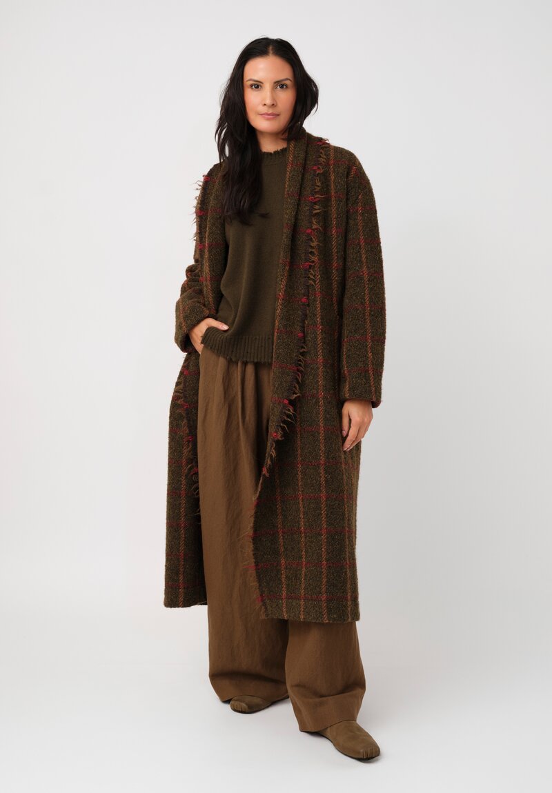 Uma Wang Cashmere Distressed Knit Crew Neck Sweater in Olive Green