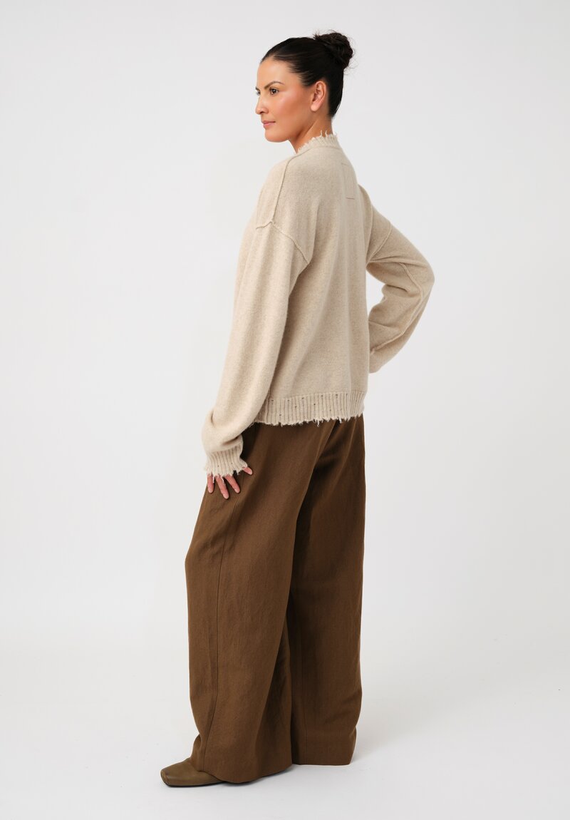 Uma Wang Cashmere Distressed Knit Crew Neck Sweater in Natural Vanilla Cream