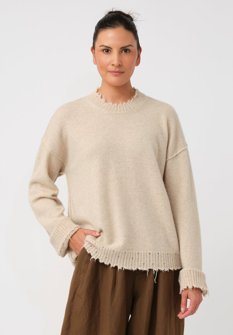 Uma Wang Cashmere Distressed Knit Crew Neck Sweater in Natural Vanilla Cream