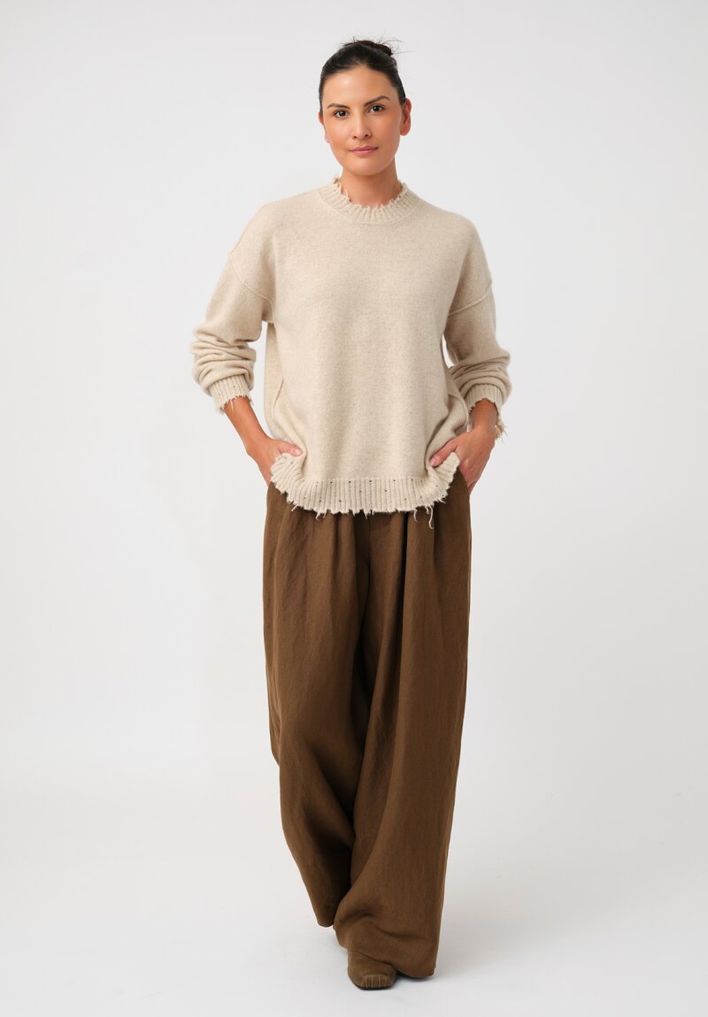 Uma Wang Cashmere Distressed Knit Crew Neck Sweater in Natural Vanilla Cream