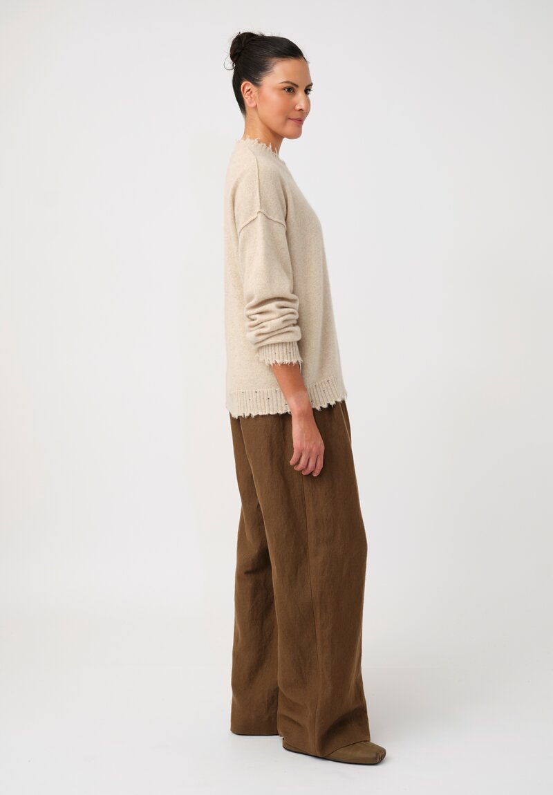 Uma Wang Cashmere Distressed Knit Crew Neck Sweater in Natural Vanilla Cream