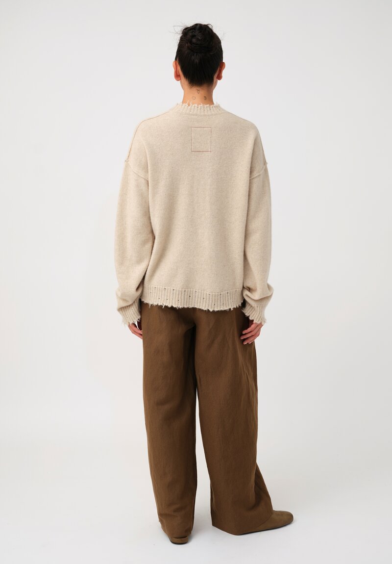 Uma Wang Cashmere Distressed Knit Crew Neck Sweater in Natural Vanilla Cream