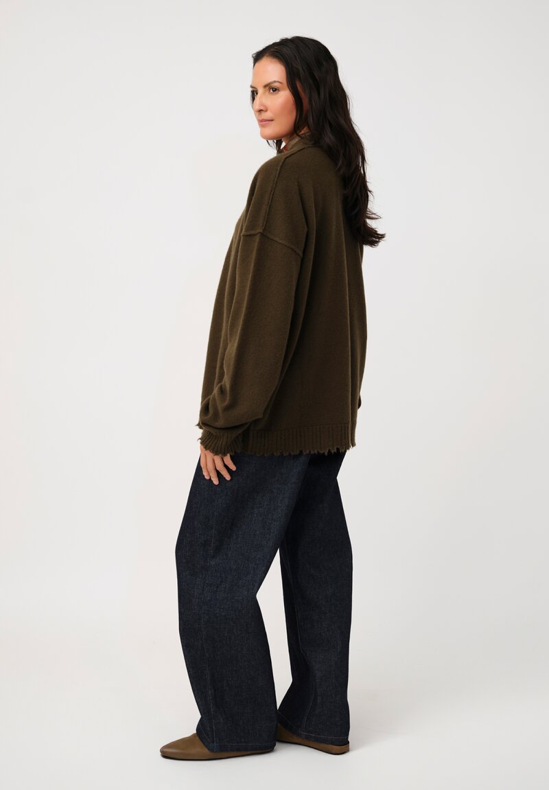 Uma Wang Cashmere Distressed Knit Button-Down Cardigan in Army Green