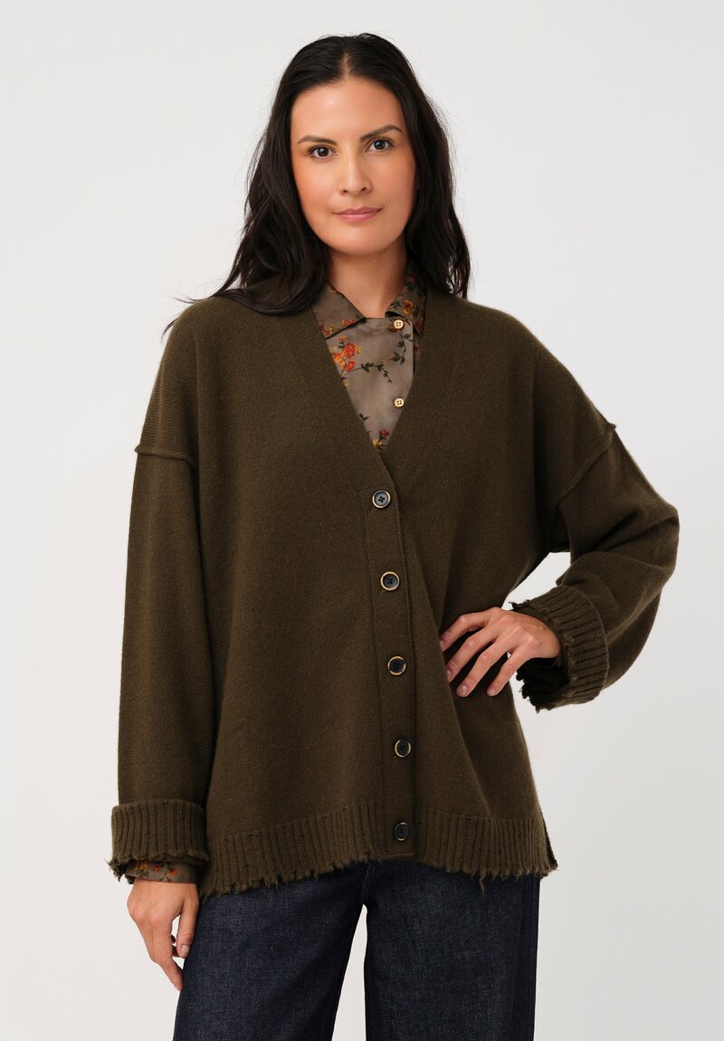 Uma Wang Cashmere Distressed Knit Button-Down Cardigan in Army Green