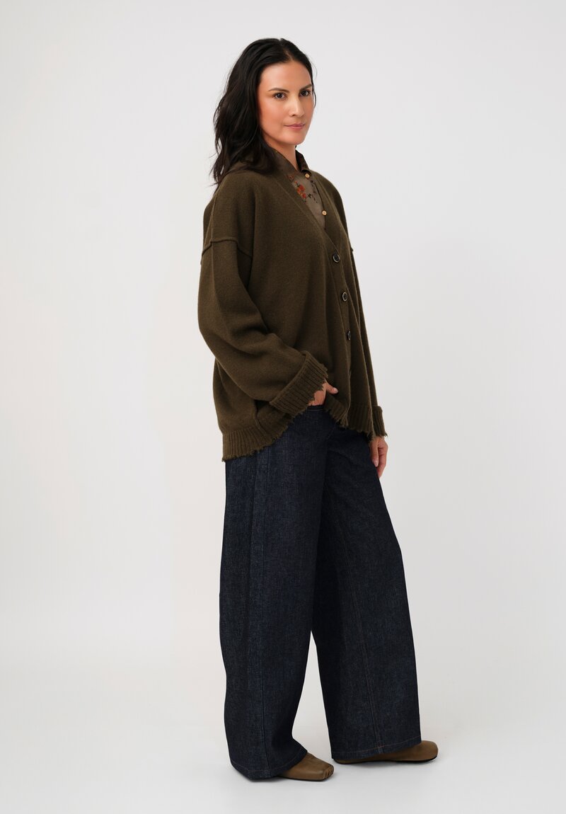 Uma Wang Cashmere Distressed Knit Button-Down Cardigan in Army Green