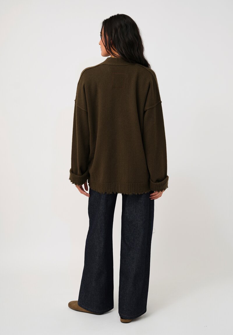 Uma Wang Cashmere Distressed Knit Button-Down Cardigan in Army Green