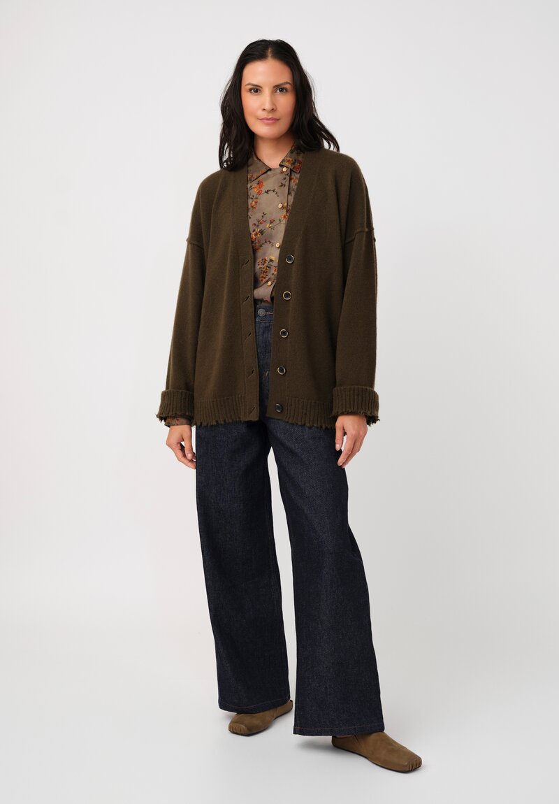 Uma Wang Cashmere Distressed Knit Button-Down Cardigan in Army Green