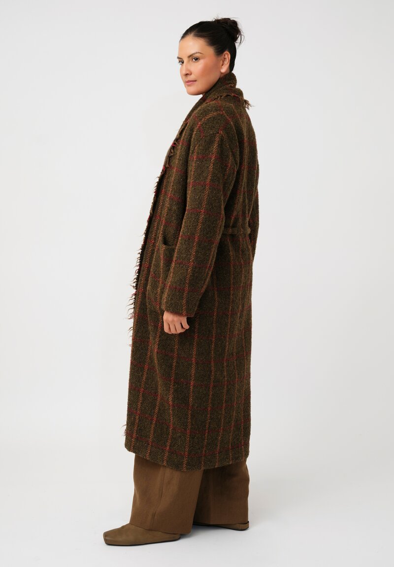 Uma Wang Fringed Chidi Wrap Coat in Olive & Red Plaid