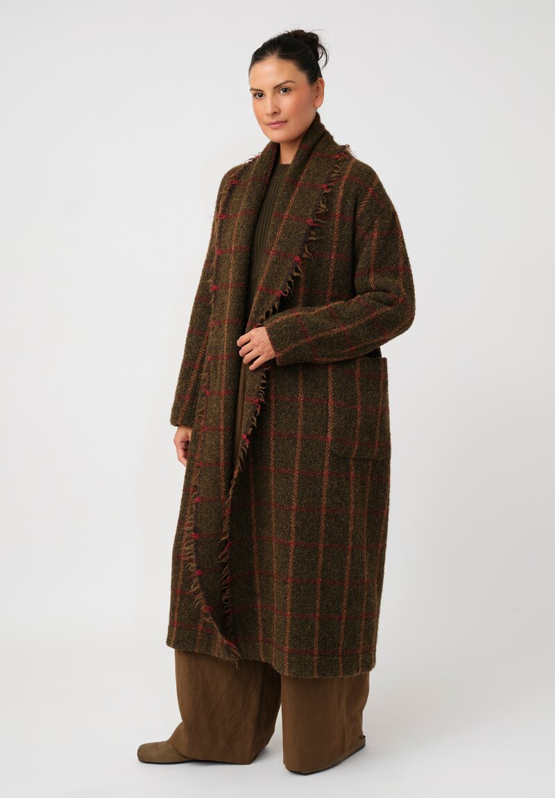 Uma Wang Fringed Chidi Wrap Coat in Olive & Red Plaid