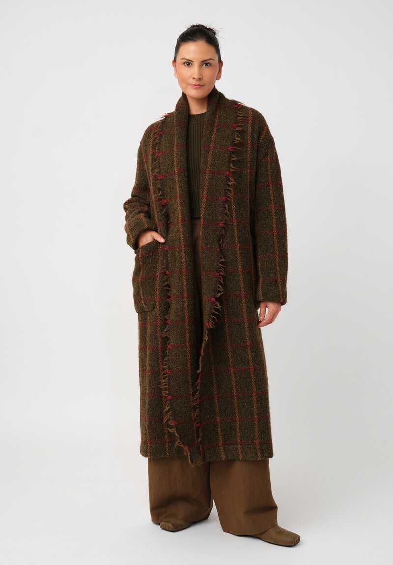 Uma Wang Fringed Chidi Wrap Coat in Olive & Red Plaid