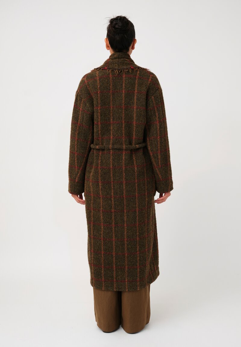 Uma Wang Fringed Chidi Wrap Coat in Olive & Red Plaid