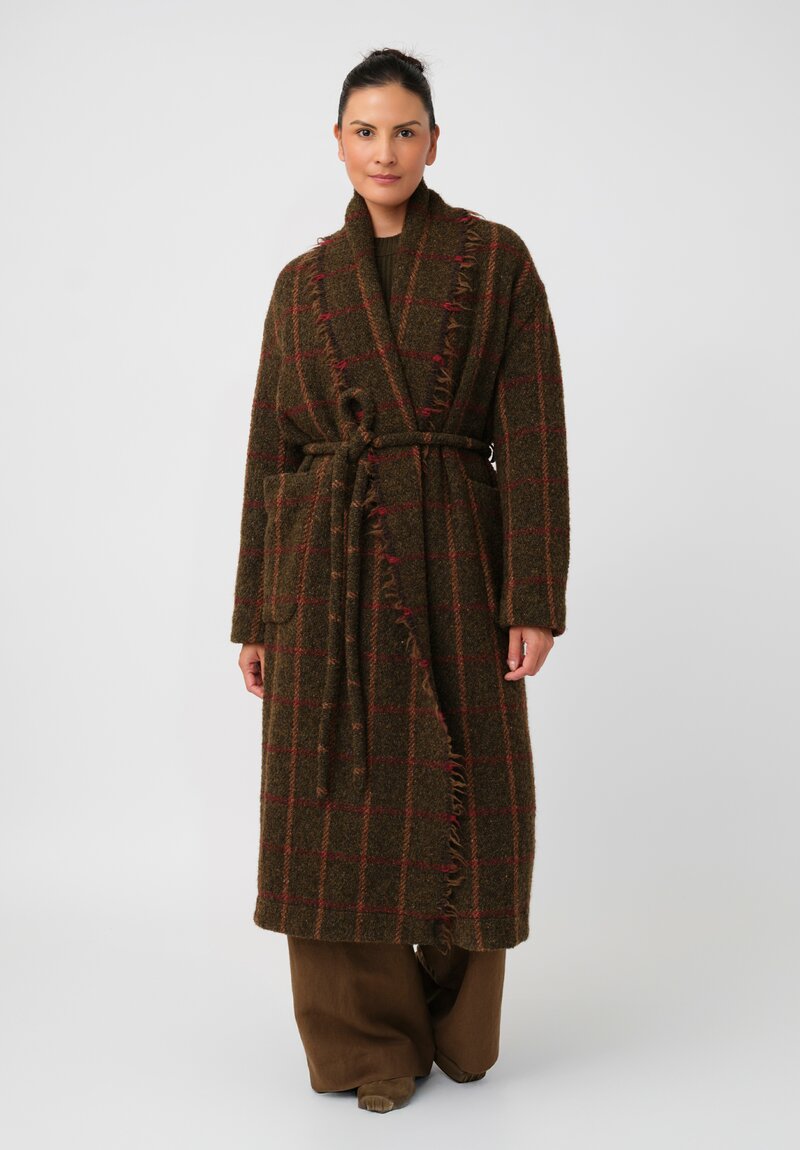 Uma Wang Fringed Chidi Wrap Coat in Olive & Red Plaid