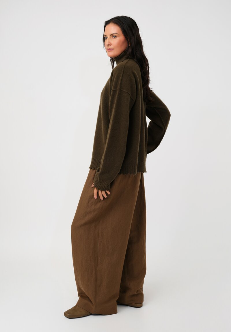 Uma Wang Cashmere Distressed Knit Turtleneck Sweater in Olive Green