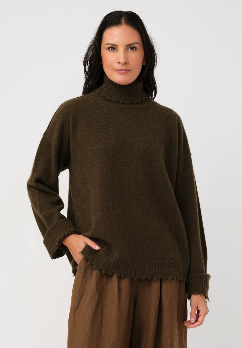 Uma Wang Cashmere Distressed Knit Turtleneck Sweater in Olive Green