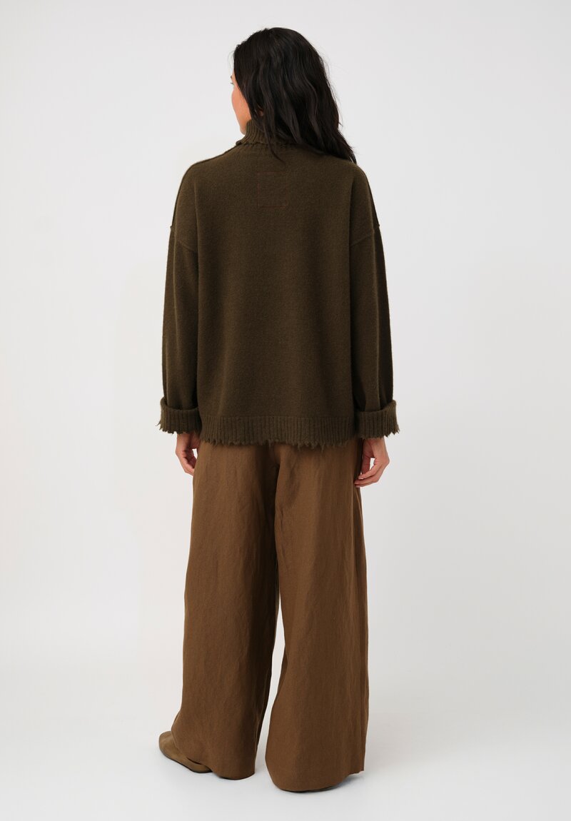 Uma Wang Cashmere Distressed Knit Turtleneck Sweater in Olive Green