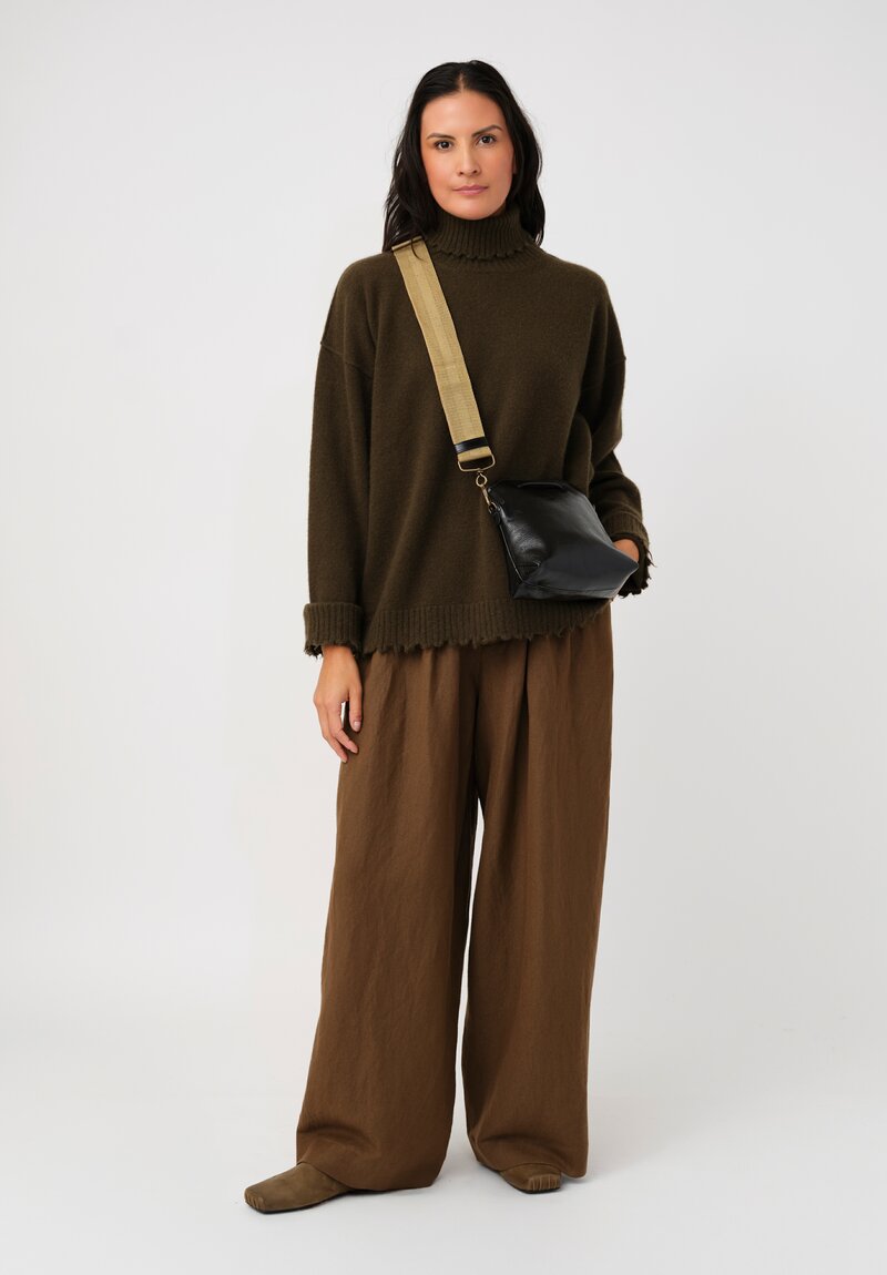 Uma Wang Cashmere Distressed Knit Turtleneck Sweater in Olive Green